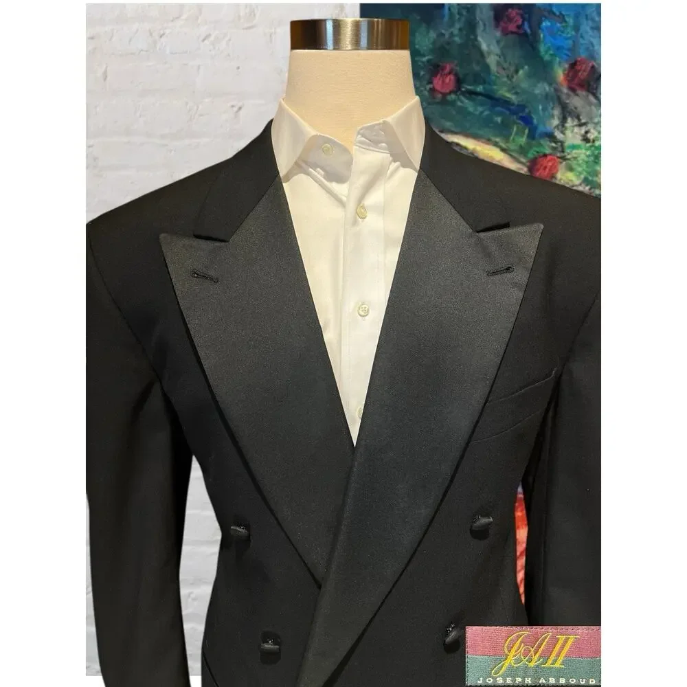 Joseph Abboud Mens 44L 36x29 Black Tuxedo Double Breasted Virgin Wool